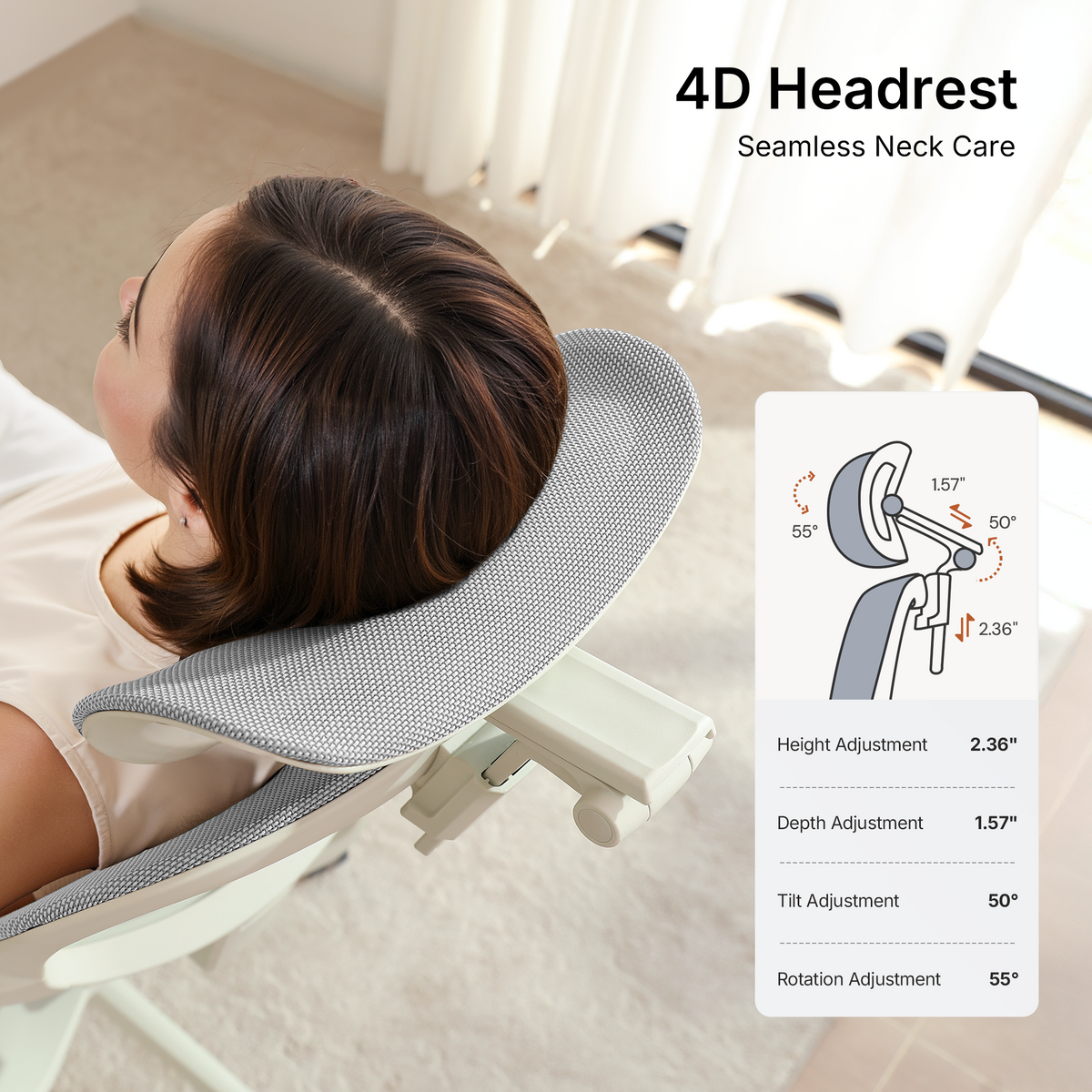 Grey CabLady S2 Petite ergonomic office chair with 4D headrest for adjustable neck and head support