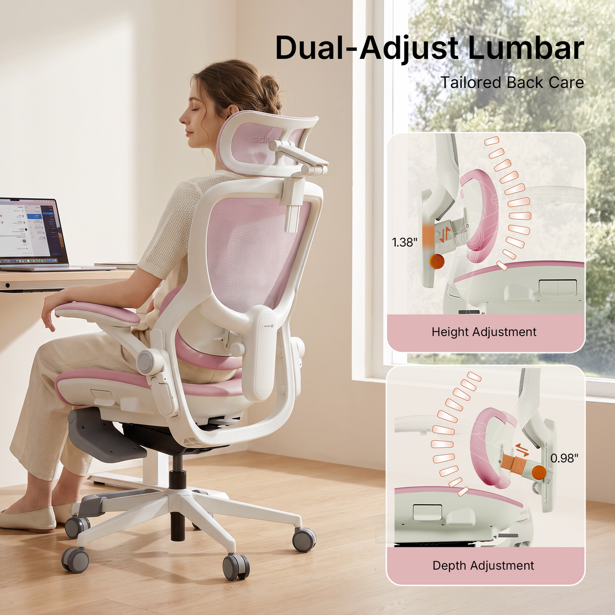 CabeVibe S2 dual-adjust lumbar support with 1.38-inch height adjustment and 0.98-inch adaptive depth