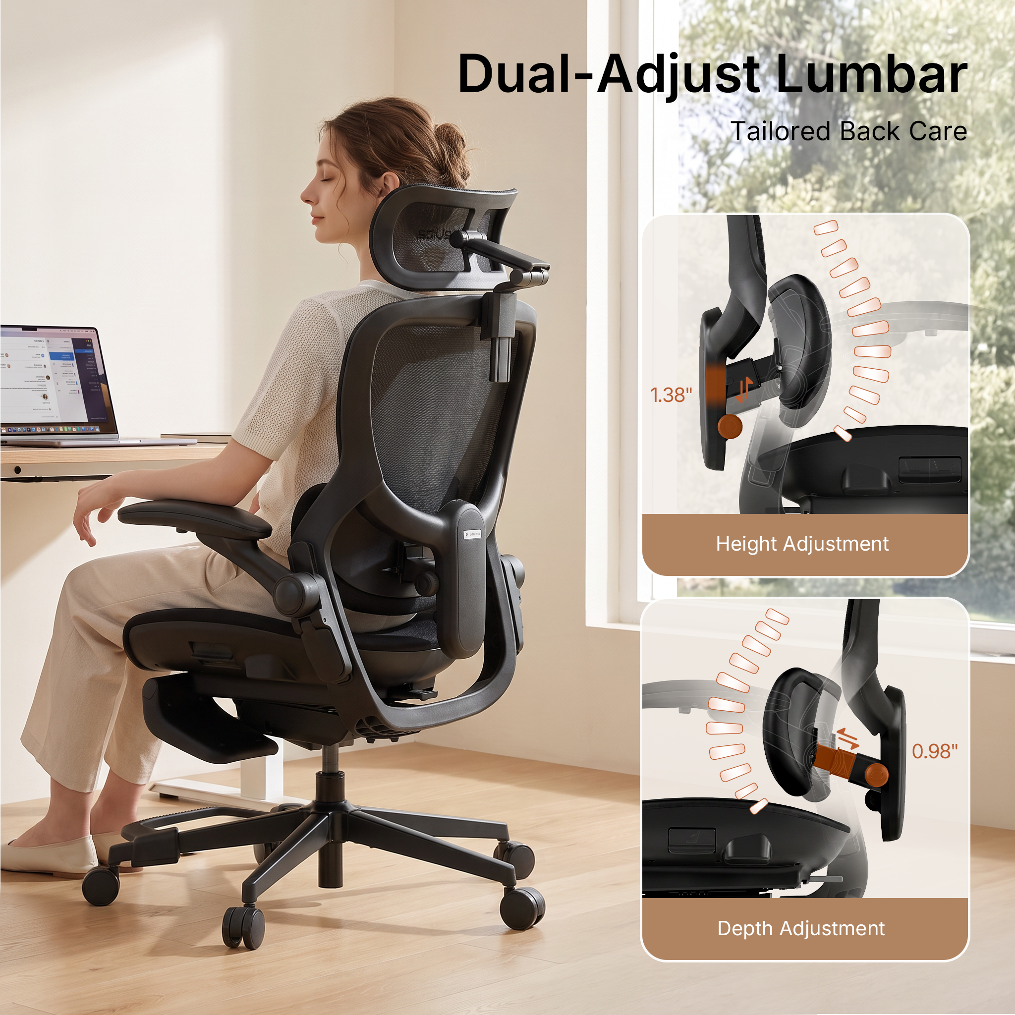 Dual-adjust lumbar support with height and depth adjustment on CabLady S2 Petite Ergonomic Office Chair