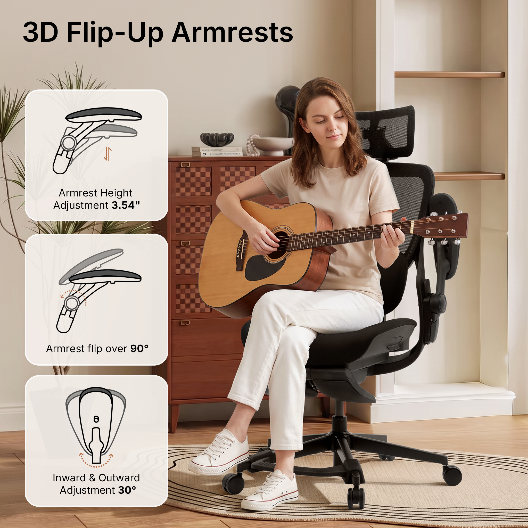 3D flip-up armrests with height and inward-outward adjustment on CabLady S2 Petite Ergonomic Office Chair