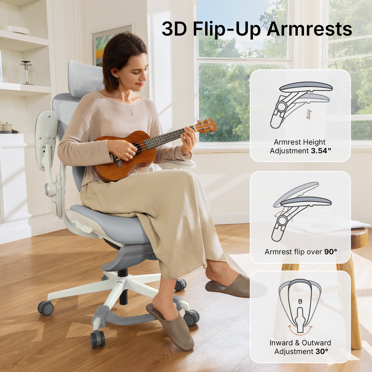 CabeVibe CabLady S2 Petite grey office chair with height adjustable, flip-up and rotating 3D armrests