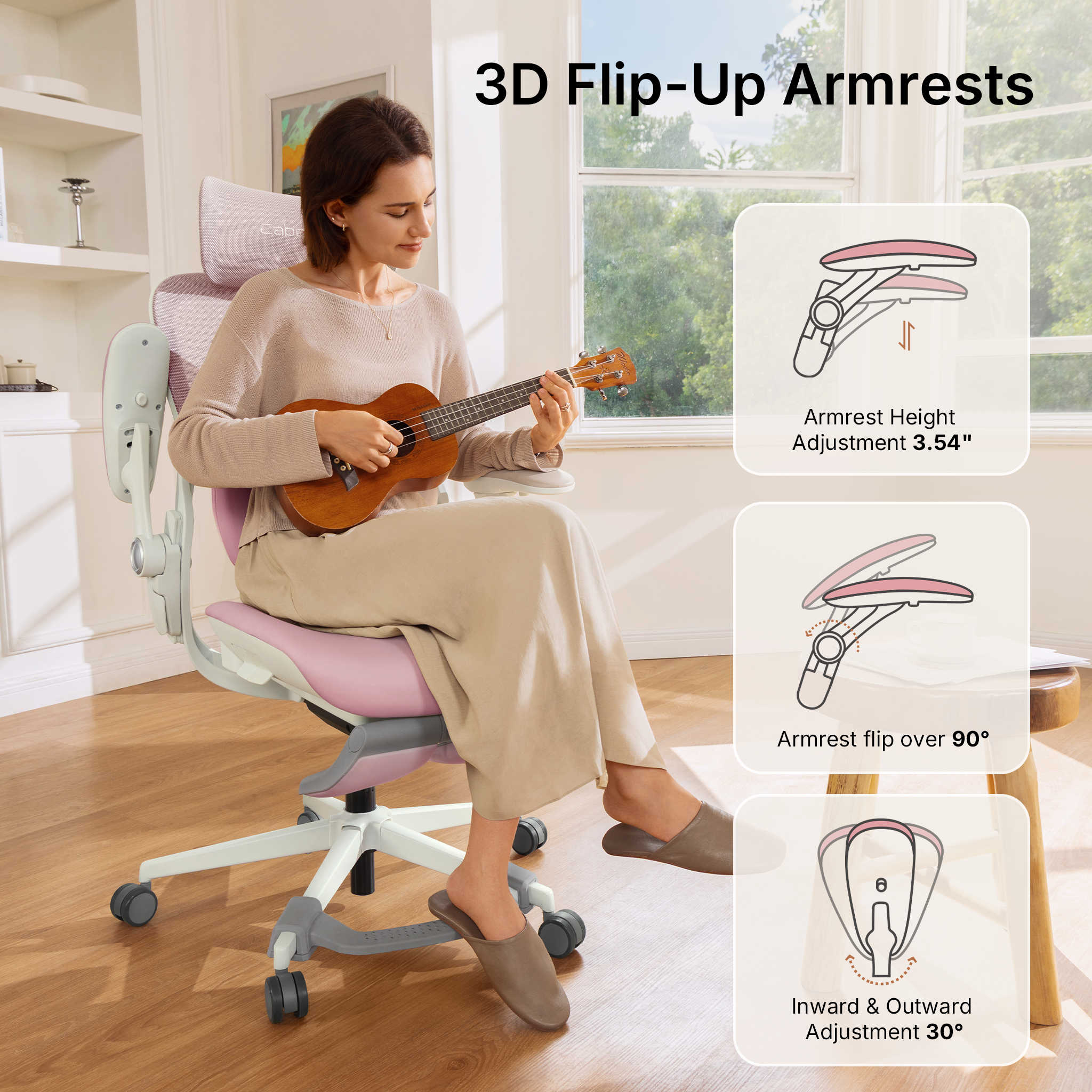 CabeVibe S2 3D flip-up armrests with height, 90-degree flip-up and inward and outward angle adjustment