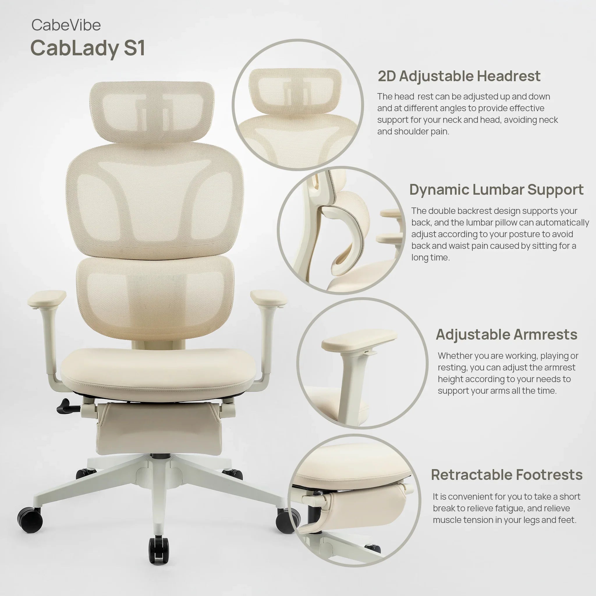 CabeVibe CabLady S1 Cream Women's Ergonomic Chair