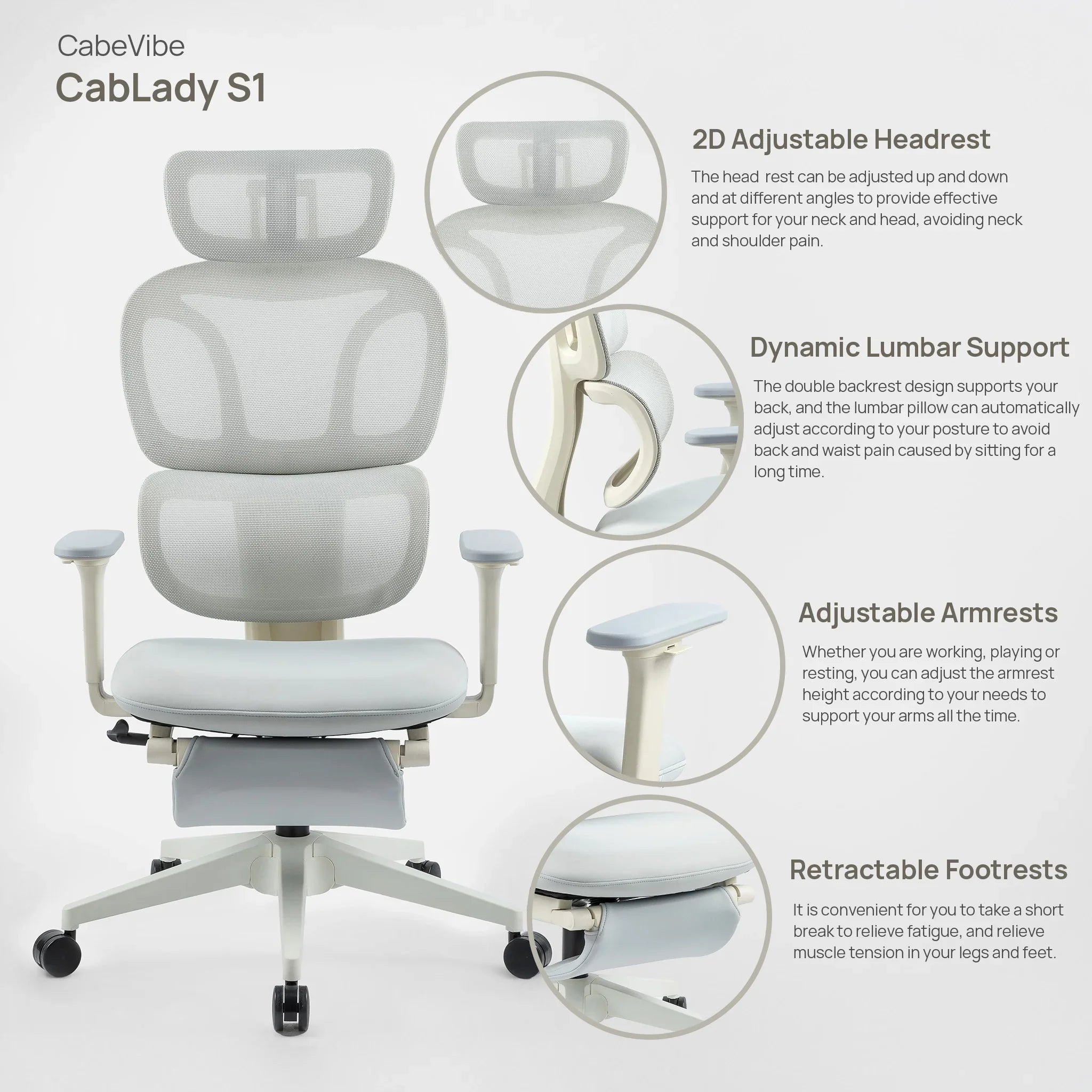 CabeVibe CabLady S1 Light Grey Women's Ergonomic Chair