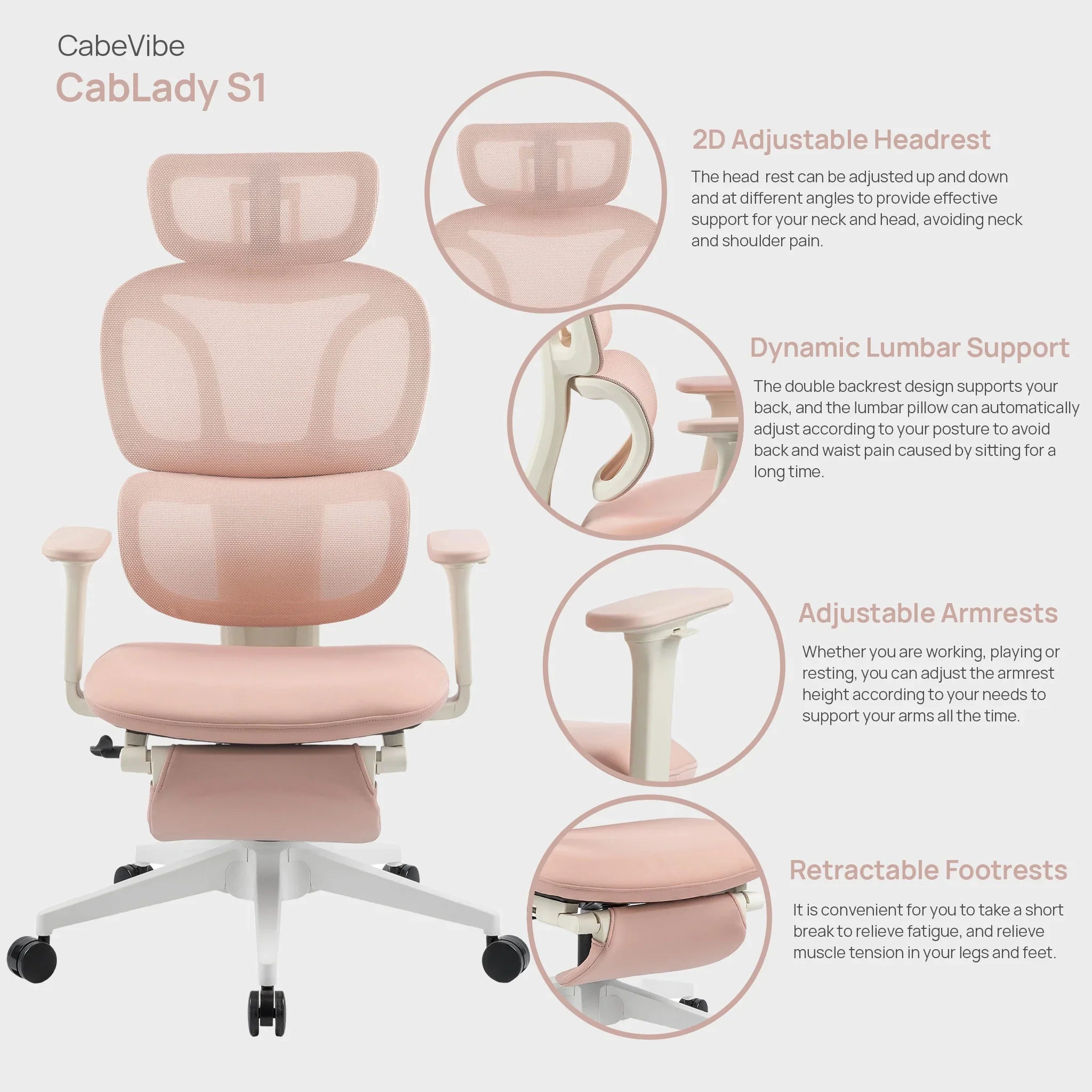 CabeVibe CabLady S1 Pink Women's Ergonomic Chair