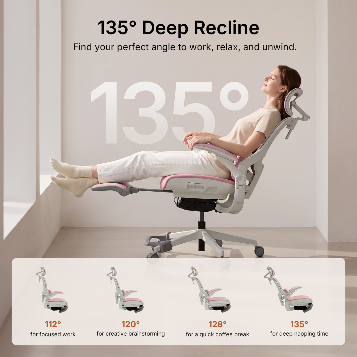 CabeVibe S2 ergonomic office chair reclining to 135 degrees with four recline positions and extendable footrest