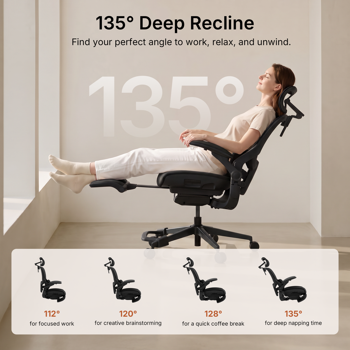CabLady S2 Petite Ergonomic Office Chair reclining to 135 degrees with extendable footrest
