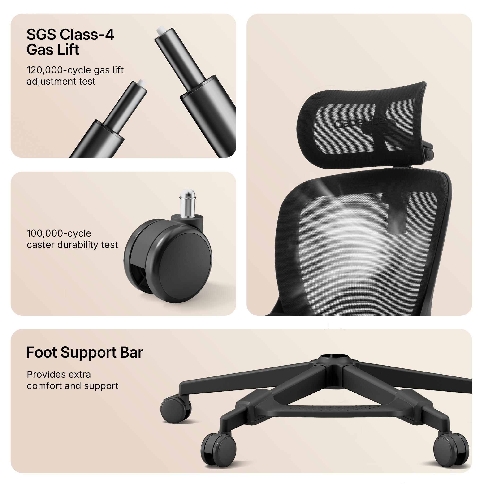 CabLady S2 Petite Ergonomic Office Chair with SGS Class-4 gas lift, durable casters and foot support bar