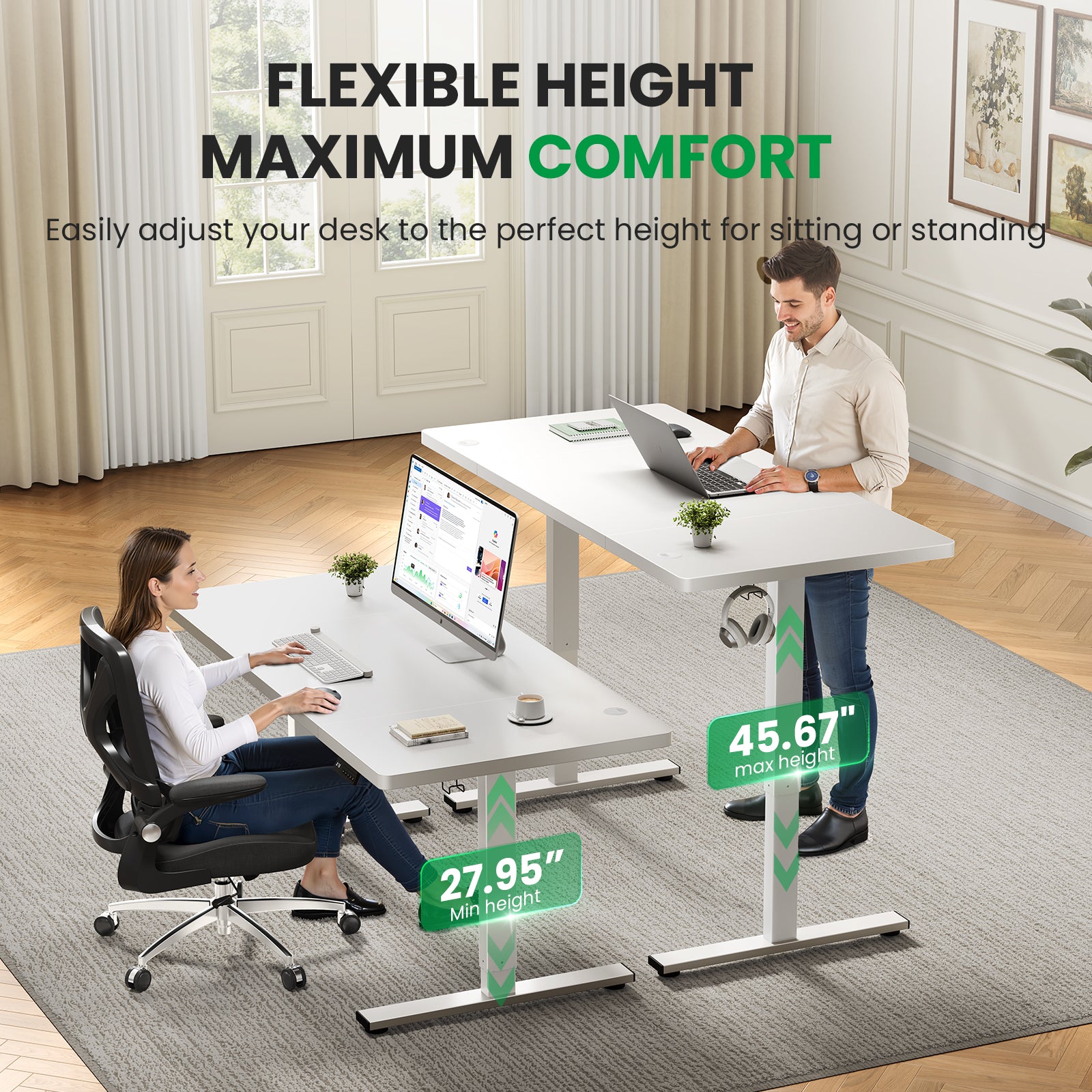 CabDesk D60 Height-Adjustable Standing Desk for Home Office (60"W×28"D)