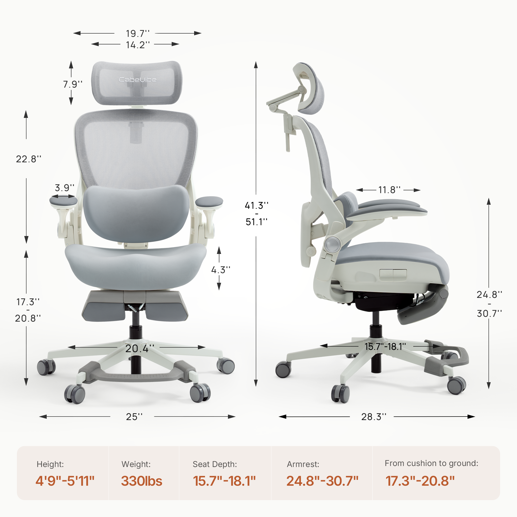 Grey CabeVibe CabLady S2 Petite office chair size guide with seat height, depth and overall dimensions