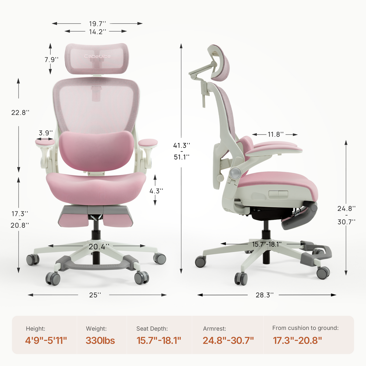 CabeVibe S2 ergonomic office chair dimensions showing seat depth, seat height, chair size and recommended height range