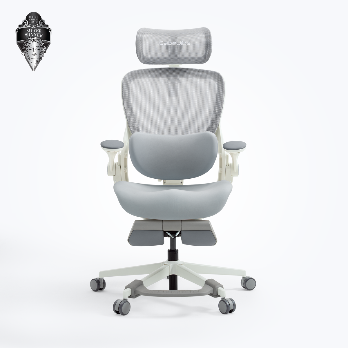 Grey CabeVibe CabLady S2 Petite ergonomic office chair front view with contoured cushion and foot support