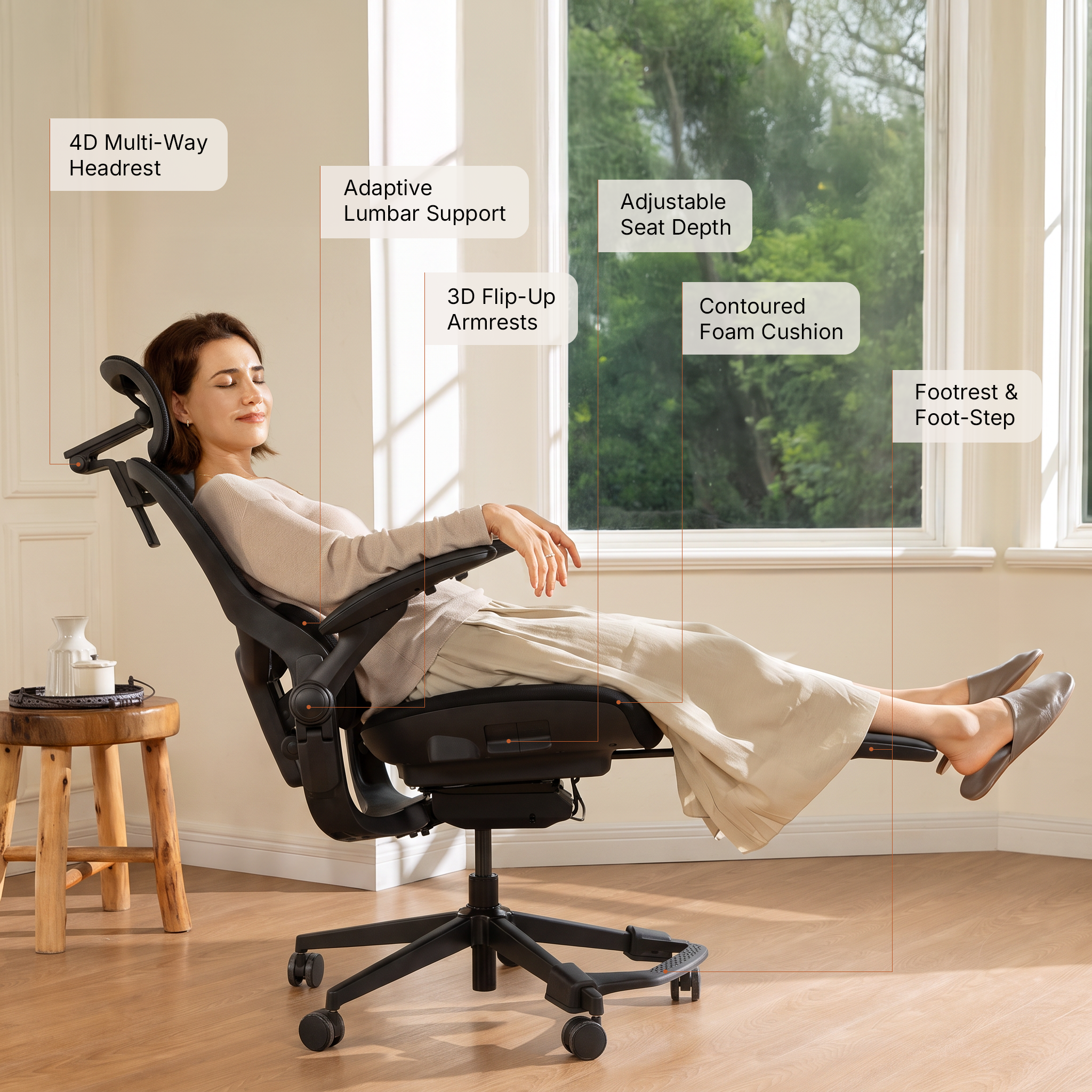 CabLady S2 Petite Ergonomic Office Chair with adjustable headrest, lumbar support, seat depth and footrest