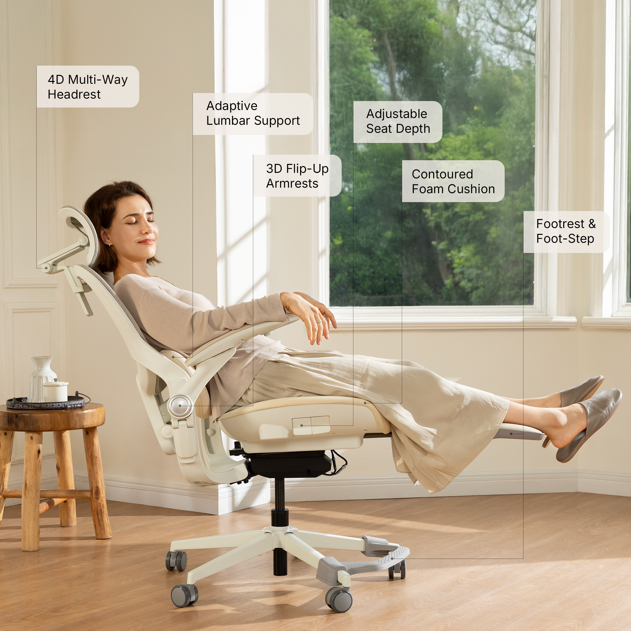 CabeVibe CabLady S2 Petite ergonomic chair with adjustable headrest, lumbar support, seat depth, armrests and footrest