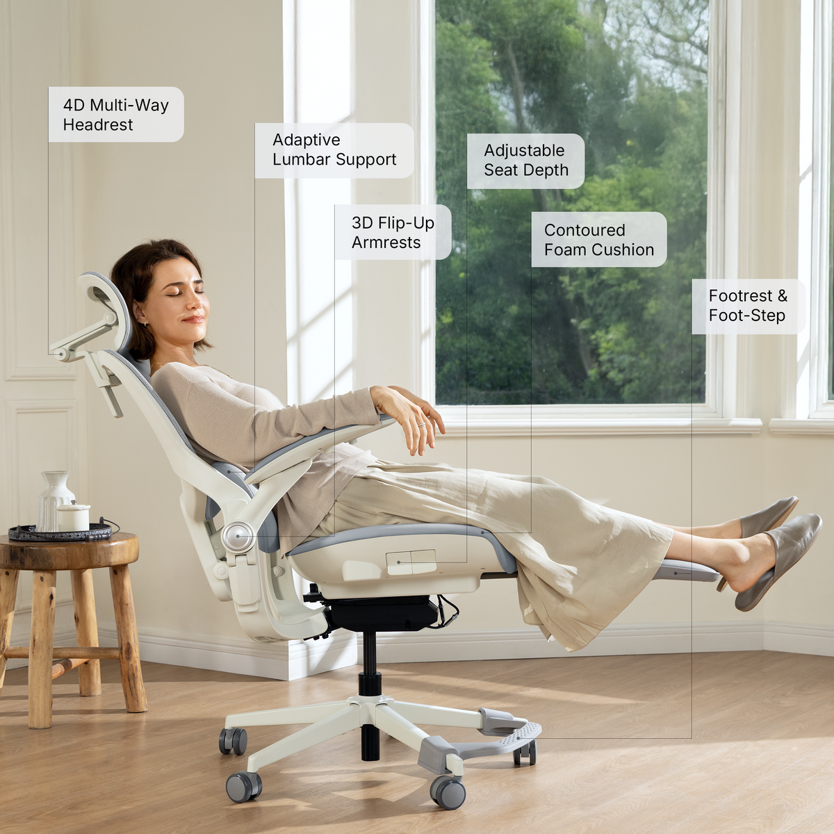 Grey CabeVibe CabLady S2 Petite office chair featuring adjustable headrest, lumbar support, seat depth, armrests and footrest