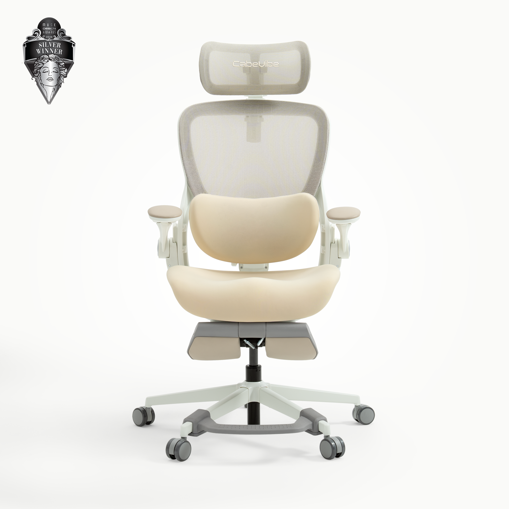 CabeVibe CabLady S2 Petite ergonomic office chair front view with footrest #color_cream