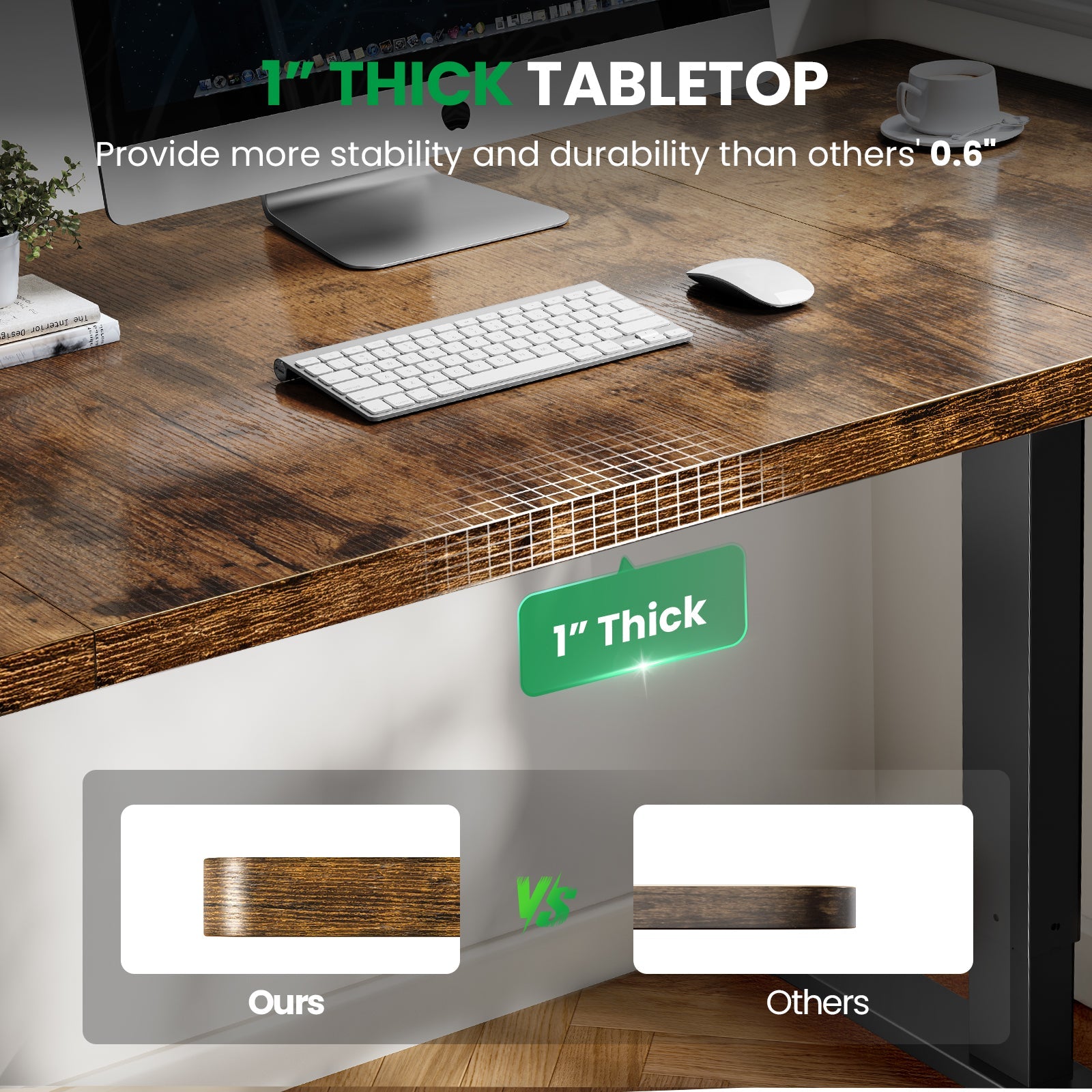 1 inch thick tabletop comparison for brown CabDesk D60 standing desk