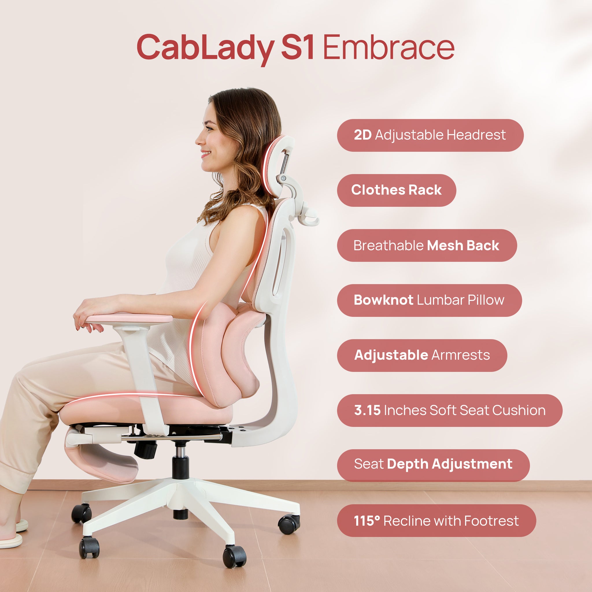 CabLady S1 Embrace Women Ergonomic Chair with Adaptive Lumbar Support