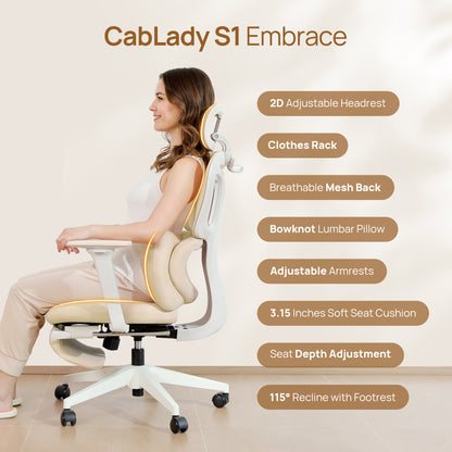 CabLady S1 Embrace Women Ergonomic Chair with Adaptive Lumbar Support