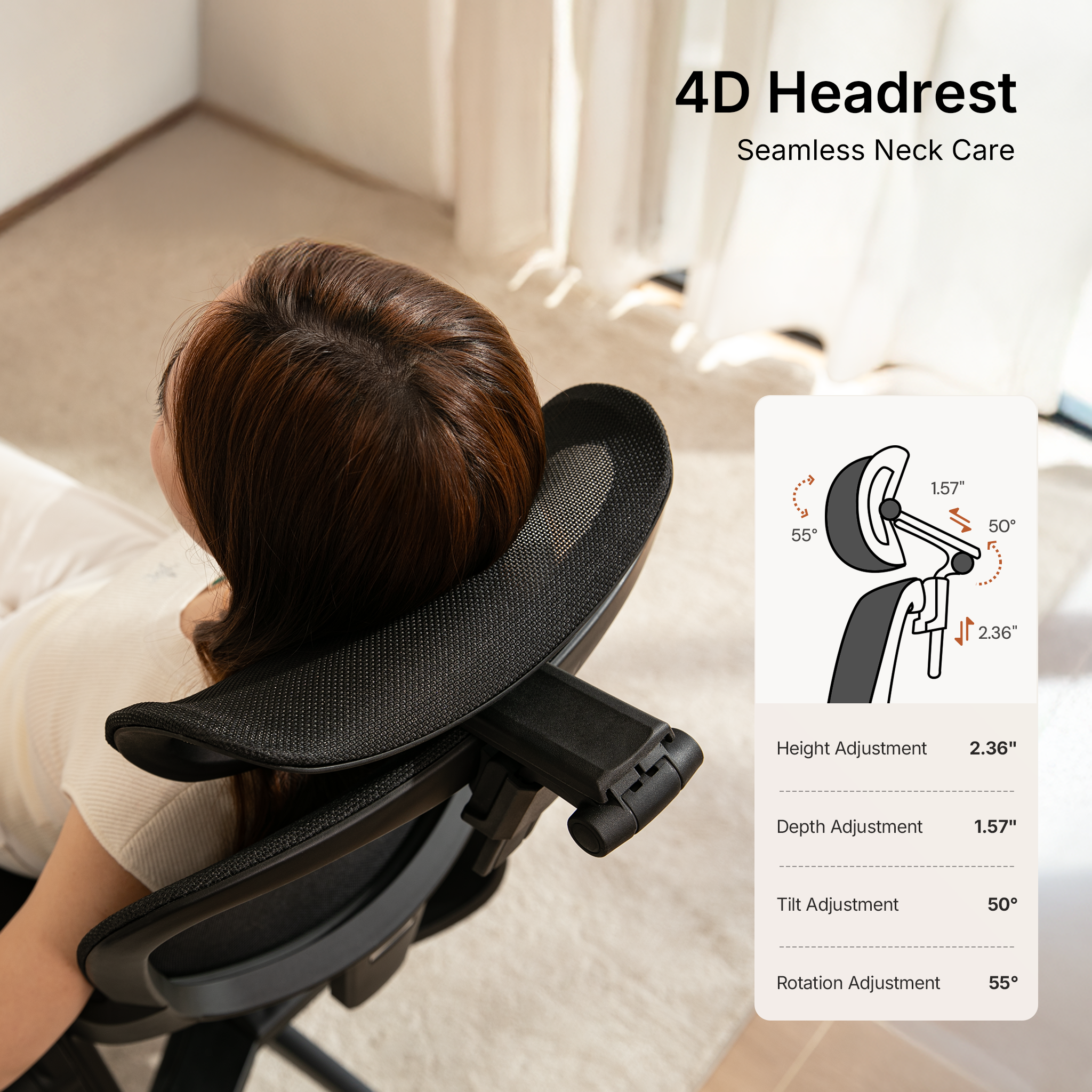 4D adjustable headrest on CabLady S2 Petite Ergonomic Office Chair for personalized neck support 