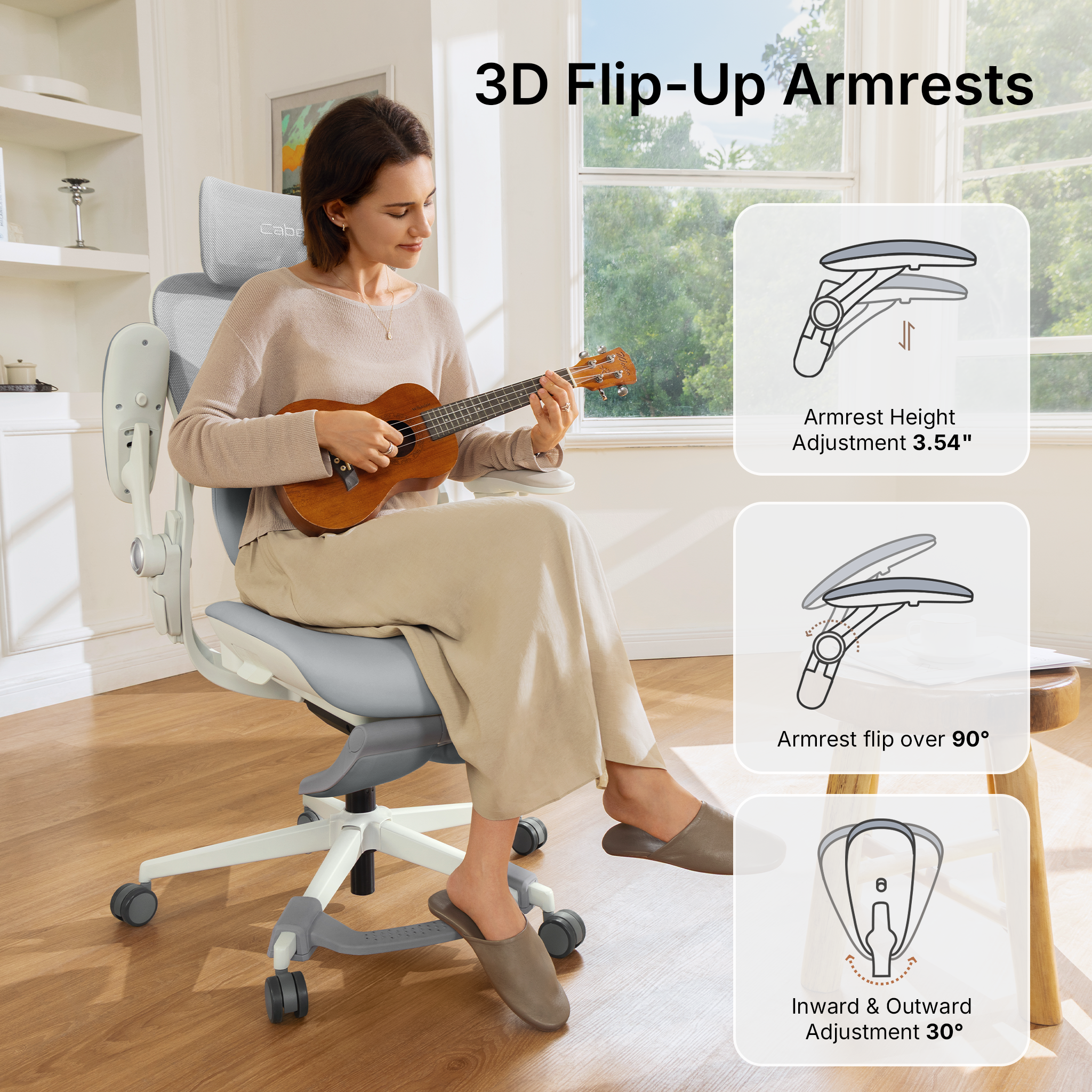 CabeVibe CabLady S2 Petite grey office chair with height adjustable, flip-up and rotating 3D armrests 