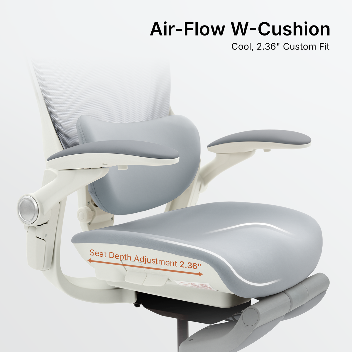 CabeVibe CabLady S2 Petite grey ergonomic chair with W-shaped foam cushion and 2.36-inch seat depth adjustment 