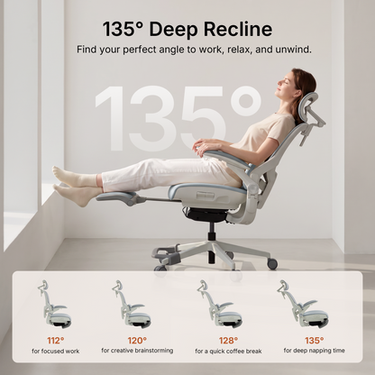 Grey CabLady S2 Petite office chair reclining to 135 degrees with extendable footrest for work and relaxation 
