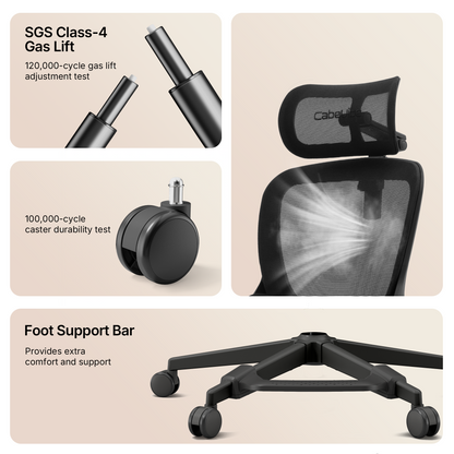 CabLady S2 Petite Ergonomic Office Chair with SGS Class-4 gas lift, durable casters and foot support bar 
