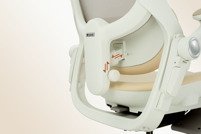 A focused shot of the adaptive lumbar support on the CabeVibe S2, highlighting the adjustable mechanisms and orange arrows that denote fit and ergonomic precision, emphasizing how the chair conforms to the individual body.