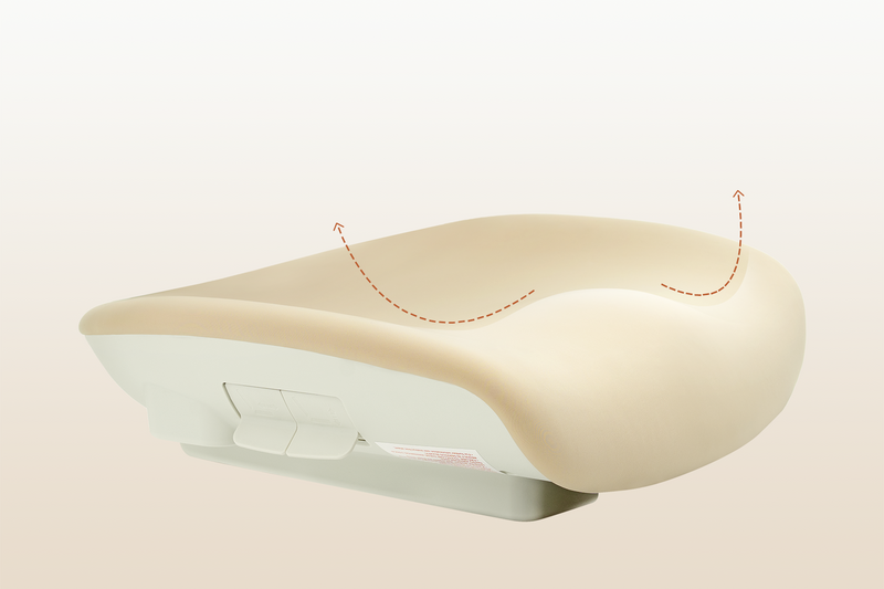 A detailed view of the contoured seat cushion of the CabeVibe S2 ergonomic chair, featuring subtle curved lines indicating precise body contouring for enhanced comfort, moving the brand narrative towards data-driven ergonomic design.