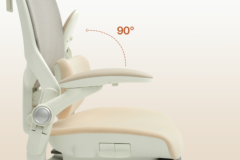 A close-up of the adaptable armrest on the CabeVibe S2 ergonomic chair, with a dotted line showing 90-degree flip-up adjustability, showcasing functionality designed to create the 'Right Chair' for any user and task.