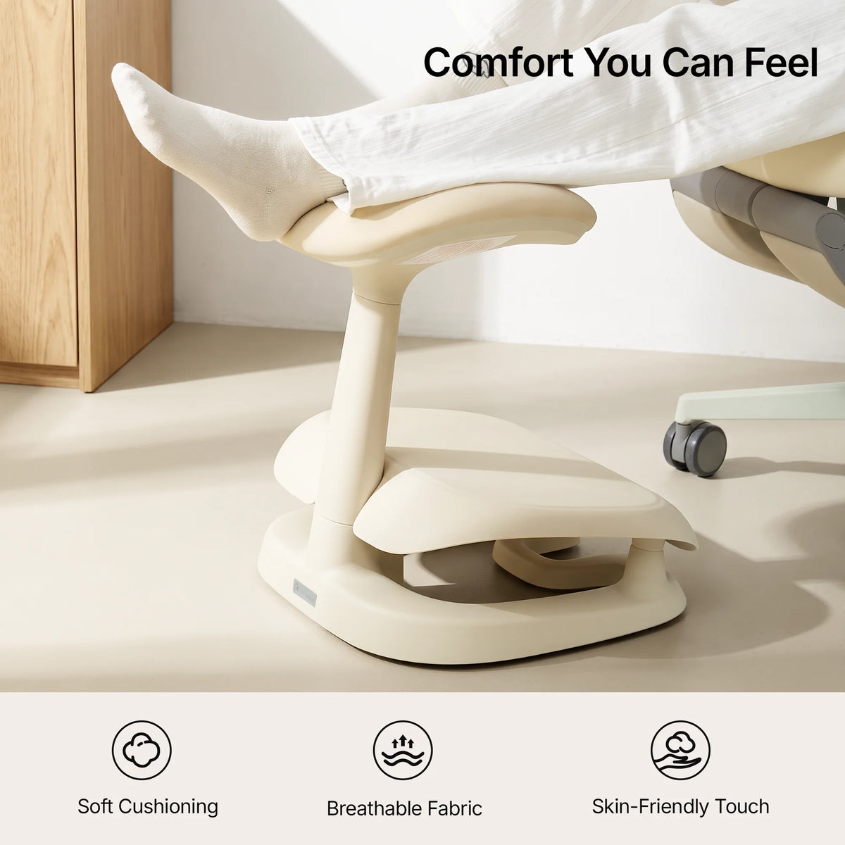 Cream Adjustable Under-Desk Footrest with soft cushioning, breathable fabric and skin-friendly touch 