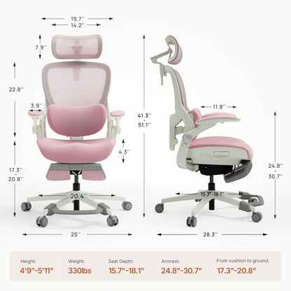 CabeVibe S2 ergonomic office chair dimensions showing seat depth, seat height, chair size and recommended height range 