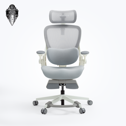 Grey CabeVibe CabLady S2 Petite ergonomic office chair front view with contoured cushion and foot support 