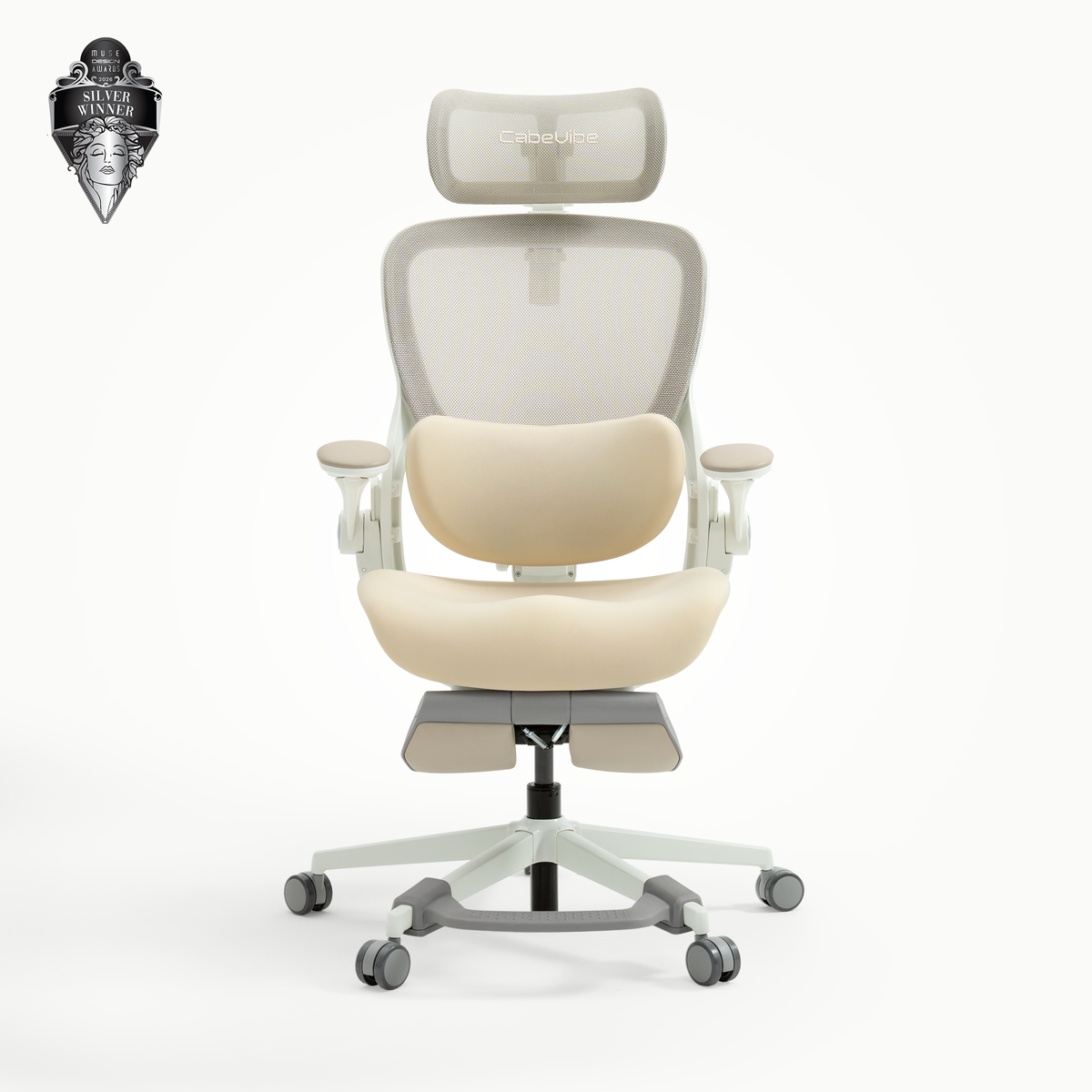 CabeVibe CabLady S2 Petite ergonomic office chair front view with footrest #color_cream