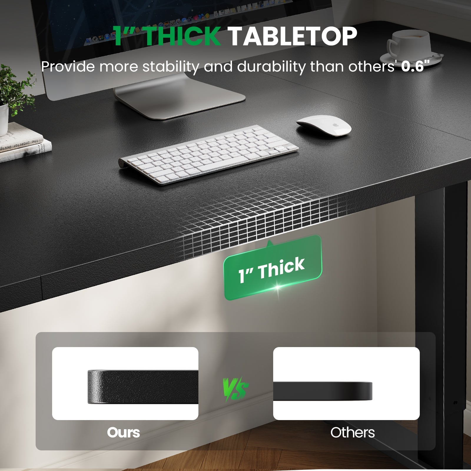 1 inch thick tabletop comparison for black CabDesk D60 standing desk 