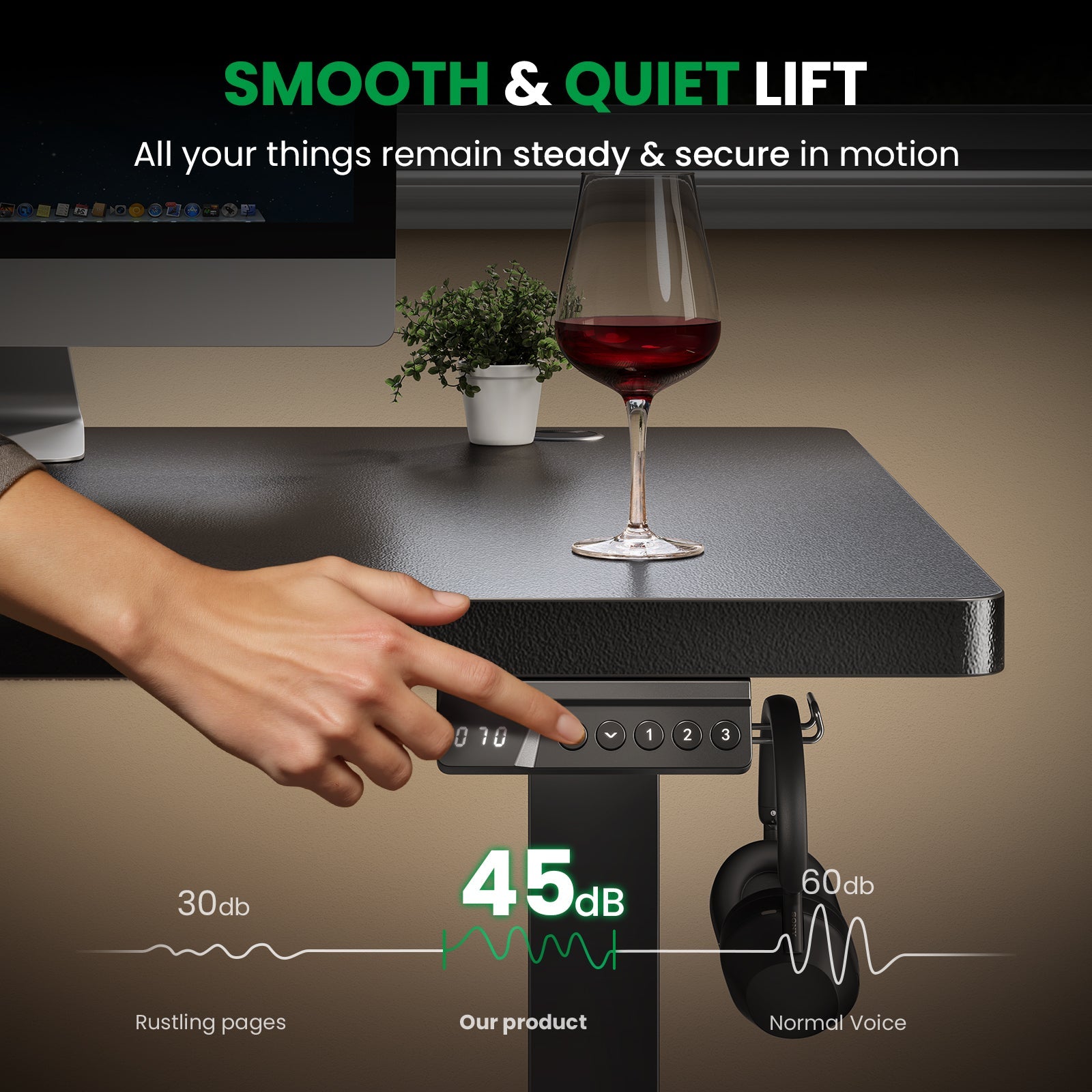 Smart multifunction keypad with memory height presets on black CabDesk D60 standing desk 