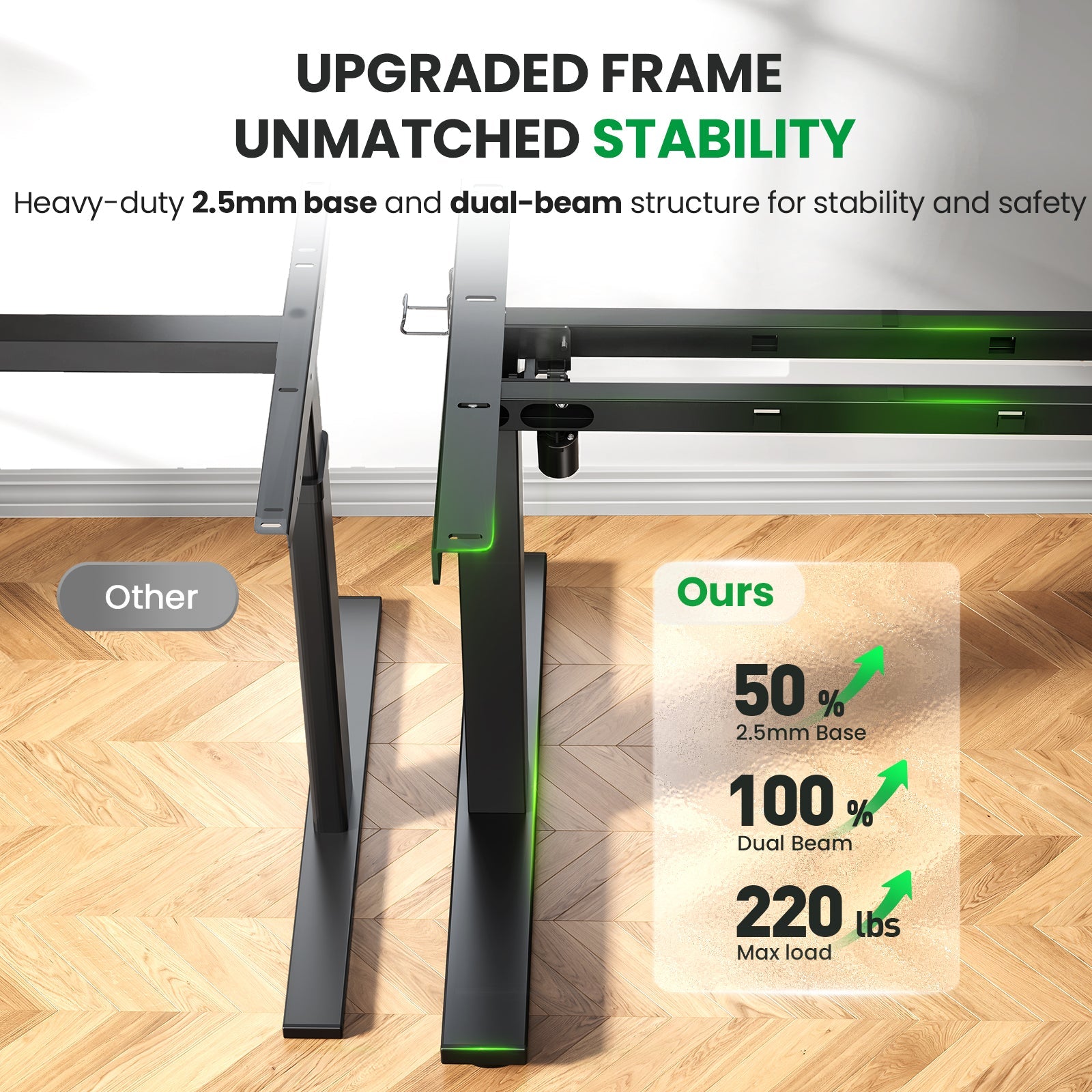 Heavy-duty dual-beam steel frame and 220 lb capacity of brown CabDesk D63 standing desk 