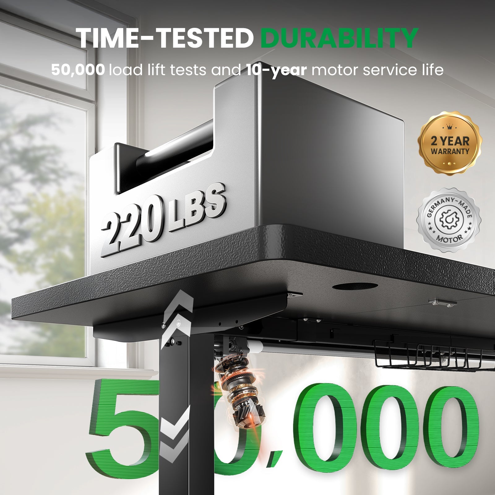 Durable electric lift motor and 50000 cycle testing for black CabDesk D63 standing desk 