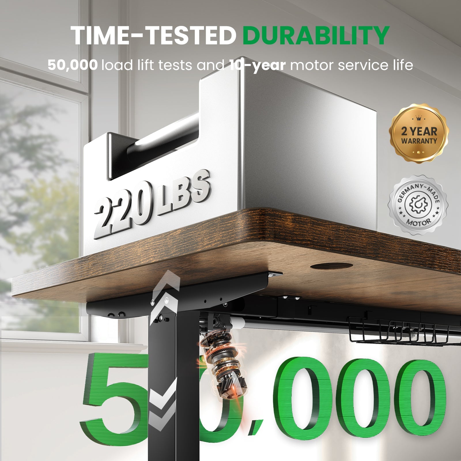 Durable electric lift motor and 50000 cycle testing for brown CabDesk D63 standing desk 