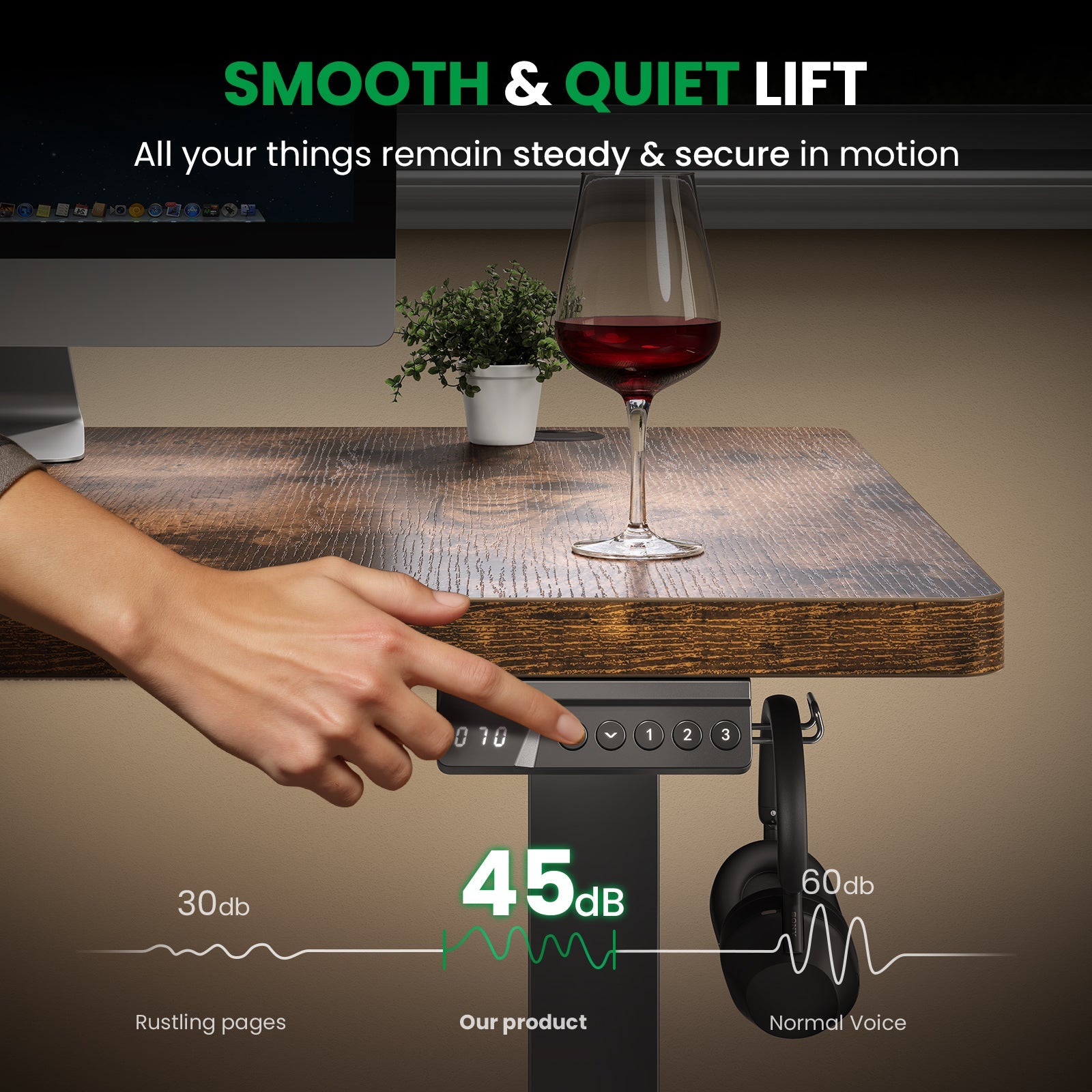 Smooth quiet electric lift on brown CabDesk D63 standing desk 
