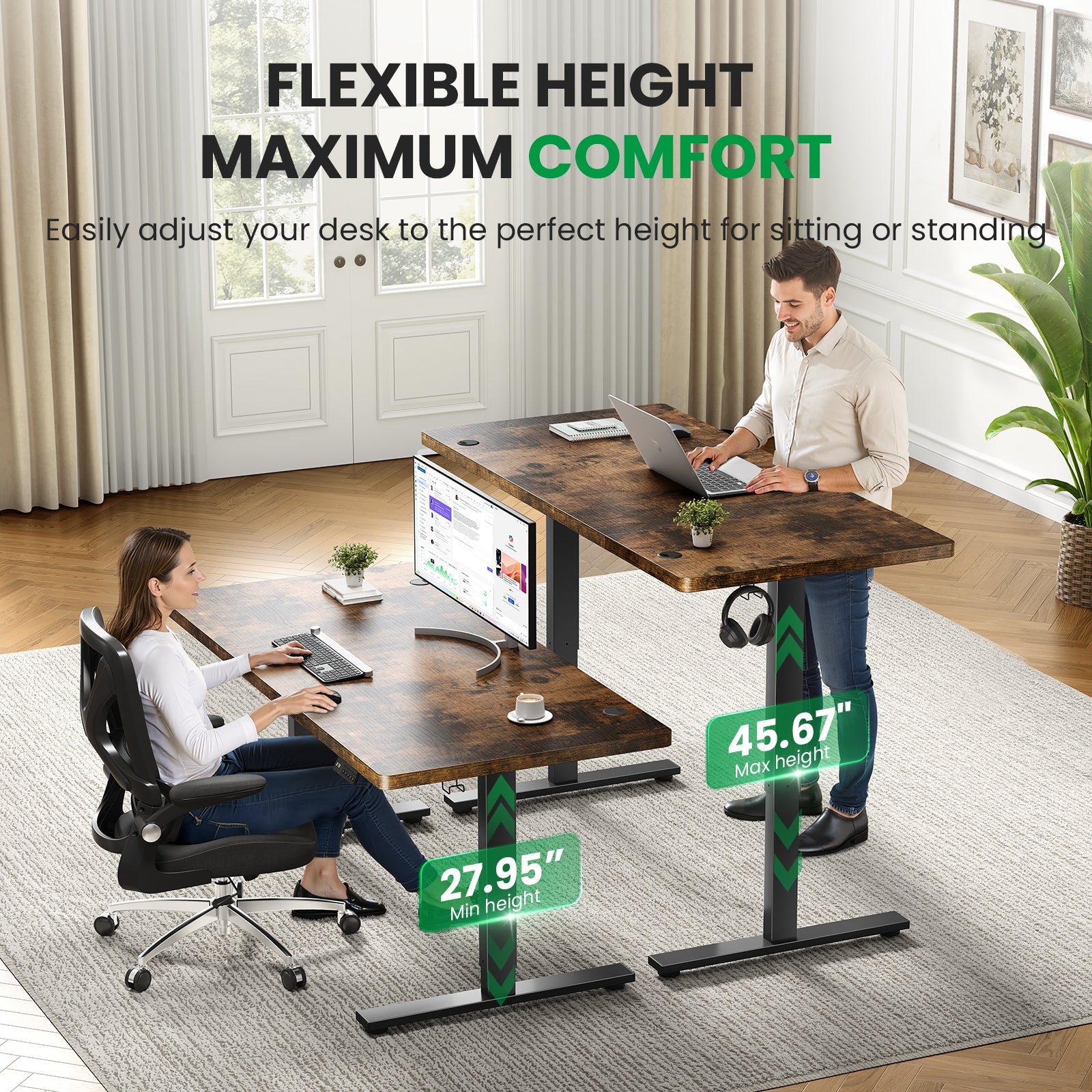 Smooth quiet electric lift on brown CabDesk D63 standing desk 