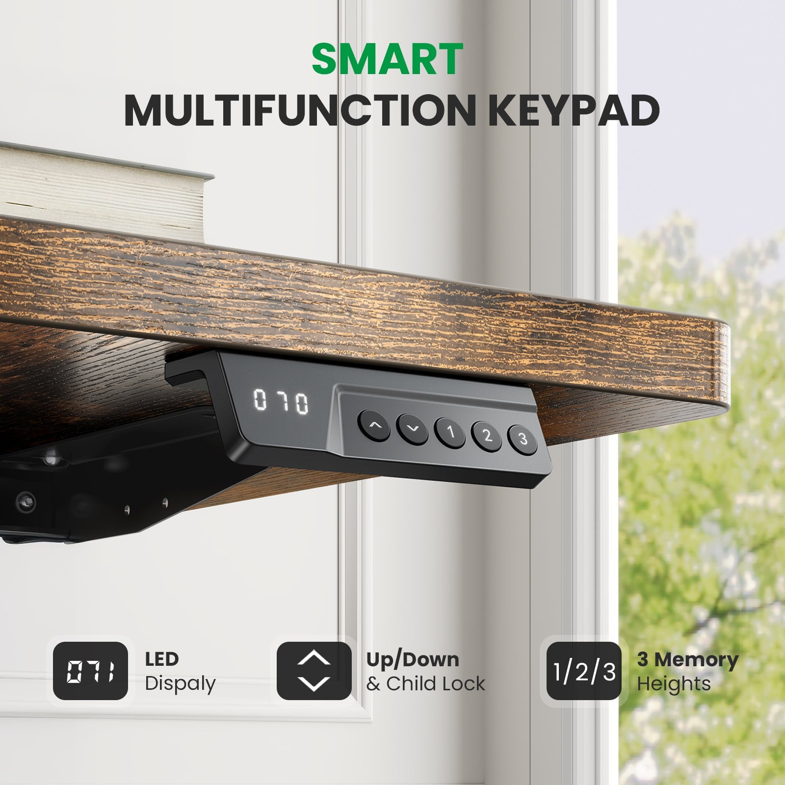Smart multifunction keypad with memory height presets on brown CabDesk D63 standing desk 