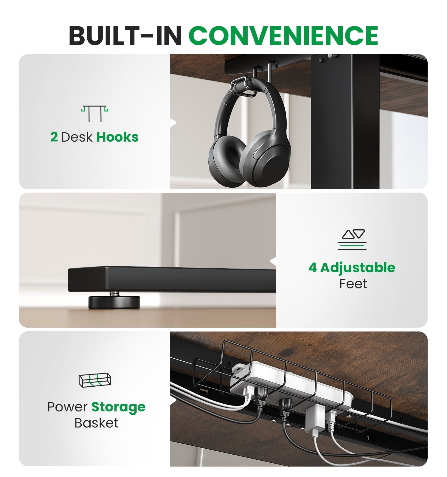 Built-in desk hooks adjustable feet and cable storage basket on brown CabDesk D63 standing desk 
