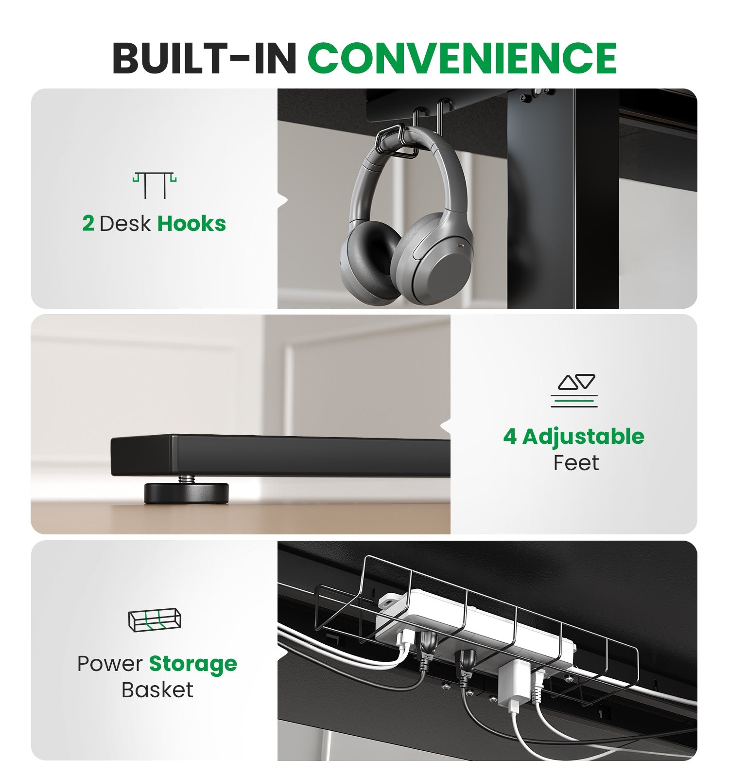 Built-in desk hooks adjustable feet and cable storage basket on black CabDesk D63 standing desk 