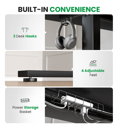 Built-in desk hooks adjustable feet and cable storage basket on black CabDesk D63 standing desk 
