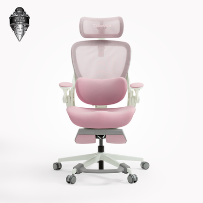 Front view of the CabeVibe S2 pink ergonomic office chair with mesh back, lumbar support and foot support bar 