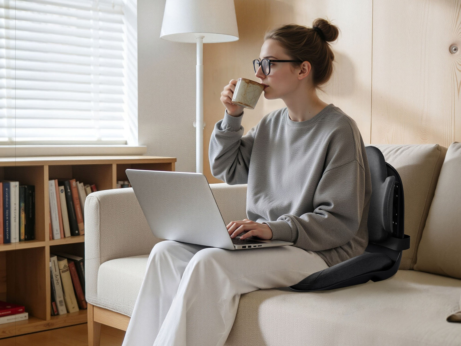 Woman working on a laptop on the sofa with the M3 Lumbar Support Cushion supporting her back